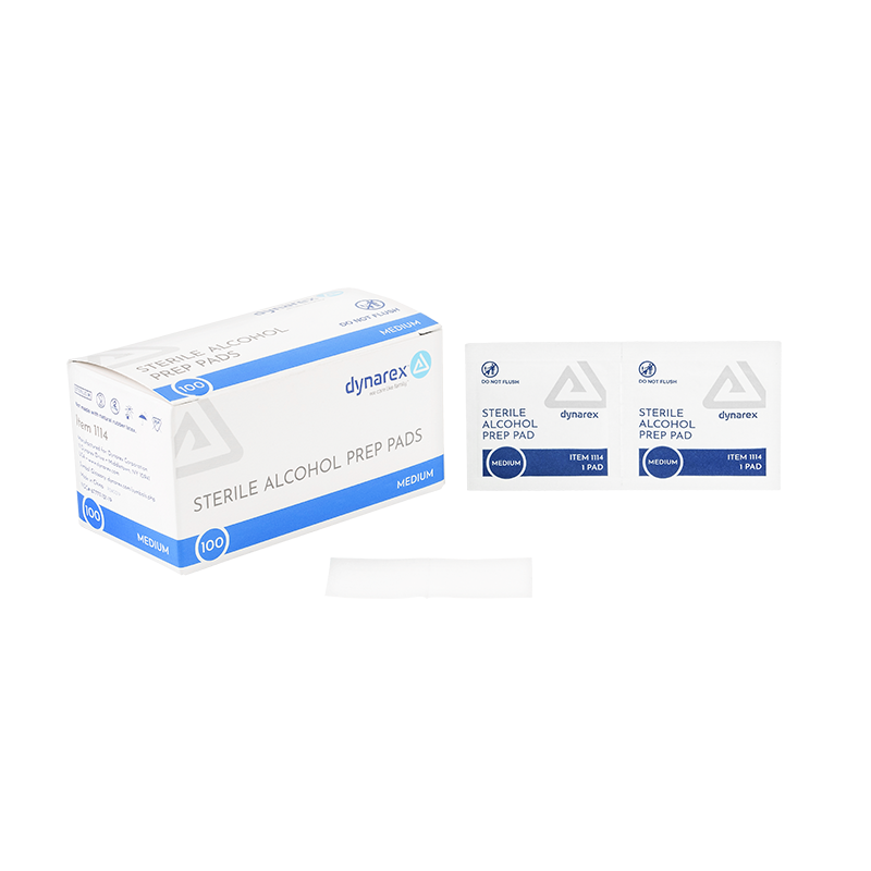 Box of 100 sterile alcohol prep pads, medium size, with individually wrapped pads