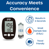 Pip glucose meter and test strips: results in 6 seconds, 0.8 microliter sample size, and travel-friendly design