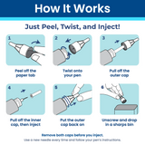 How to use Pip pen needles in 6 steps: peel the tab, twist onto your pen, remove both caps, inject, recap, and dispose in a sharps bin