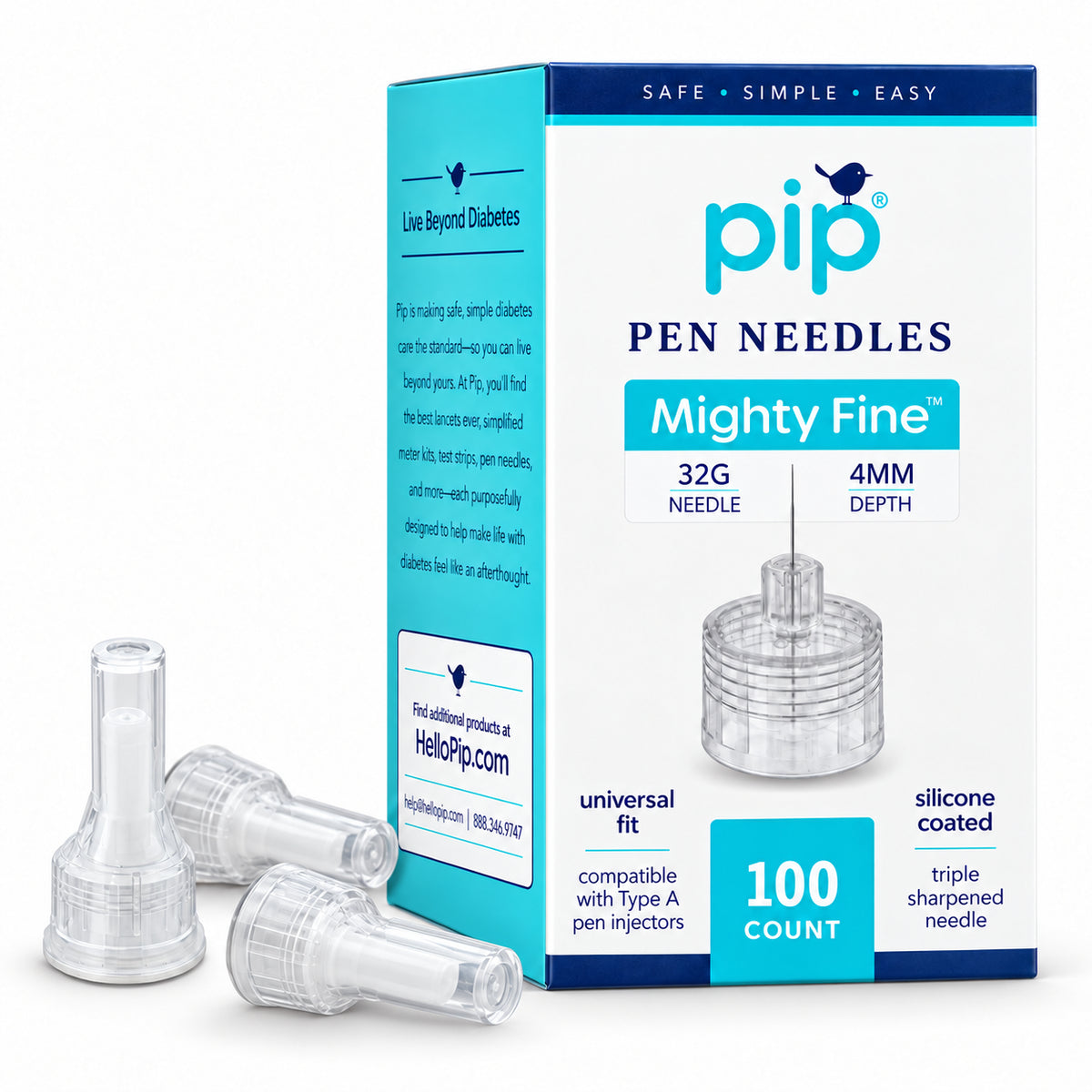 Pip Mighty Fine pen needles 32G 4mm, 100 count box and capped pen needles