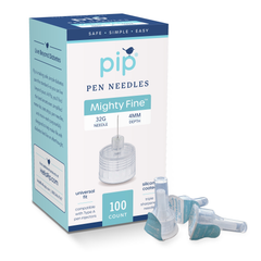 Pip Mighty Fine pen needles 32G 4mm, 100 count box and capped pen needles