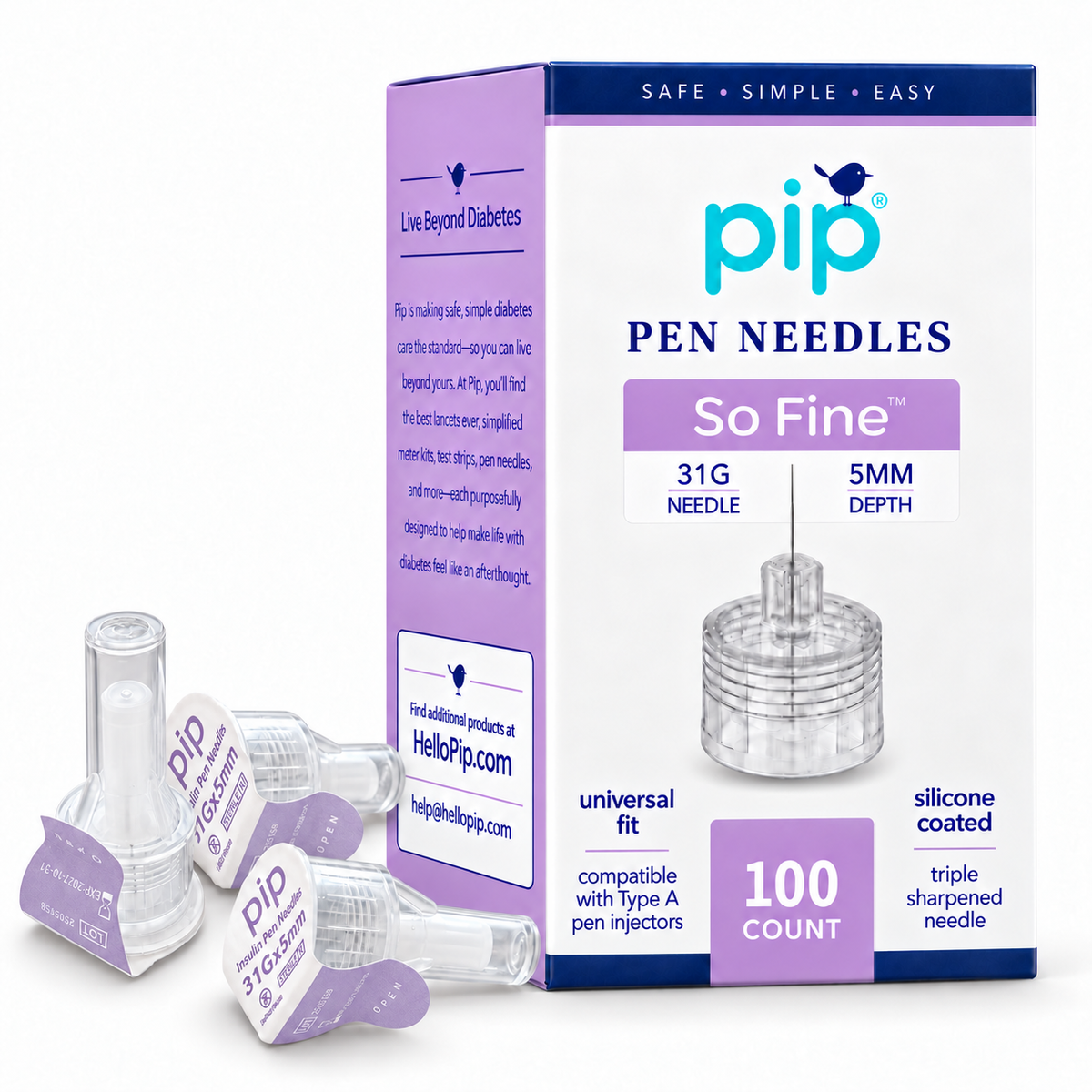 Pip So Fine 31G 5mm pen needle 100 count box with lavender-sealed pen needles