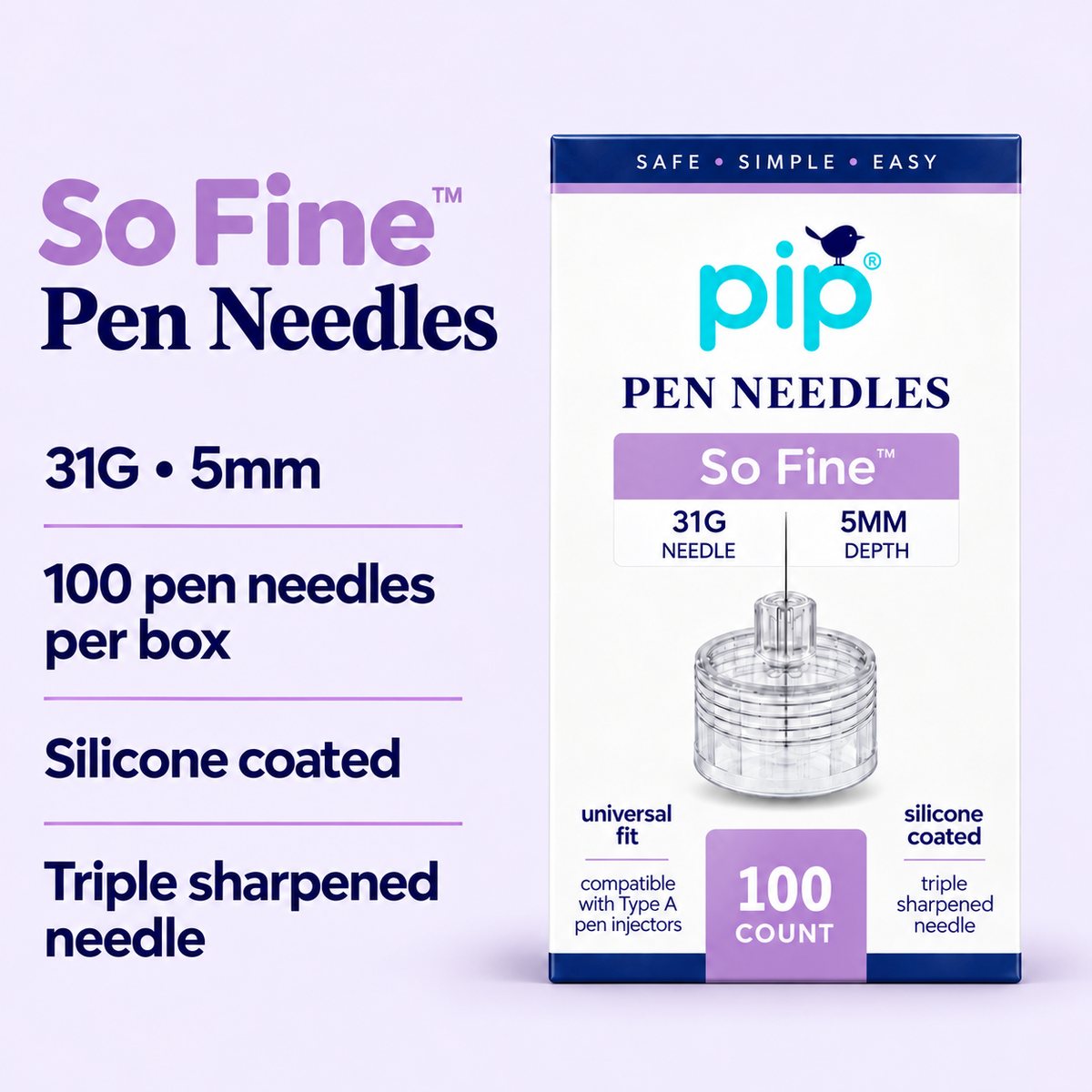 So Fine 31G 5mm pen needle features, 100 count