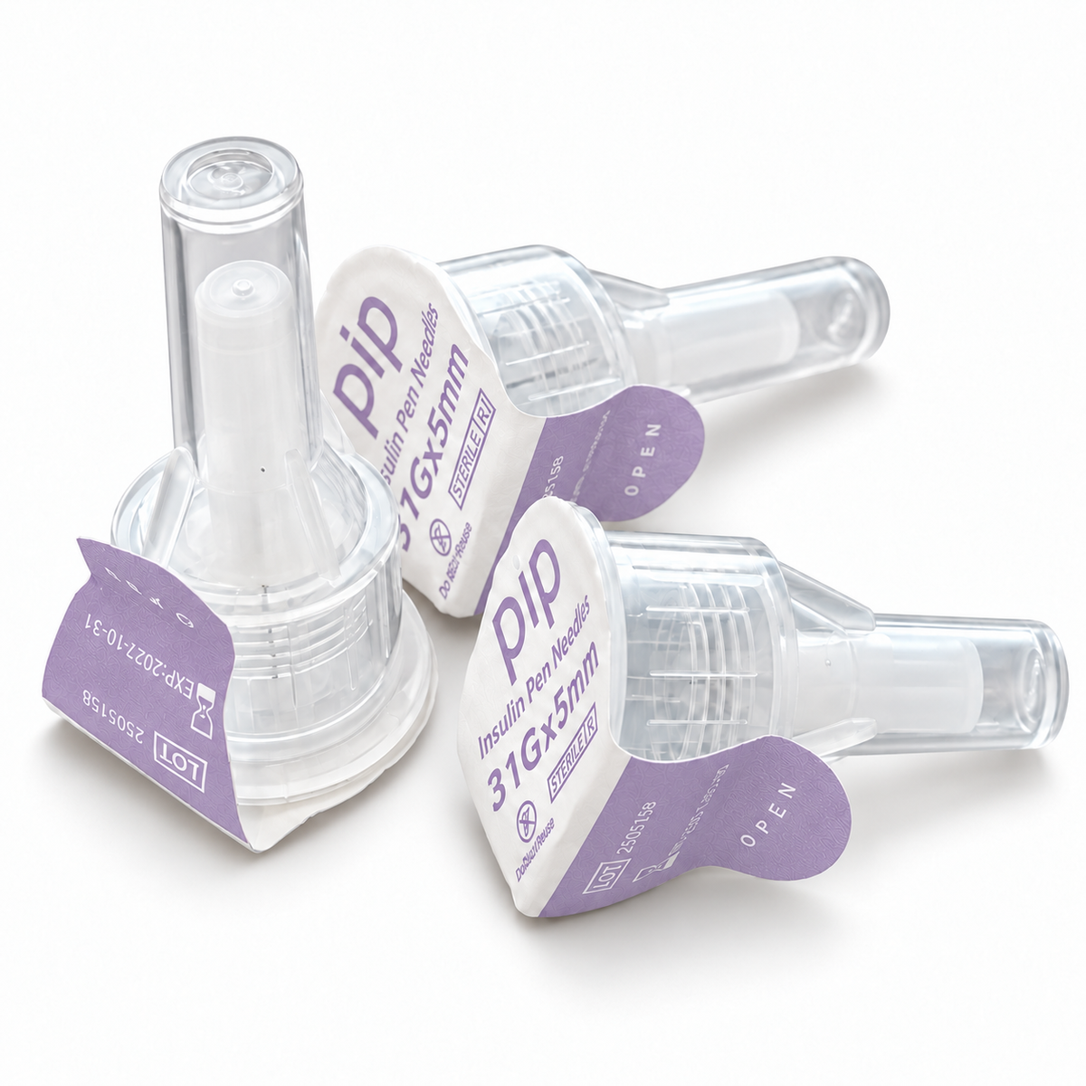 Pip So Fine 31G 5mm pen needles with lavender peel-off seals
