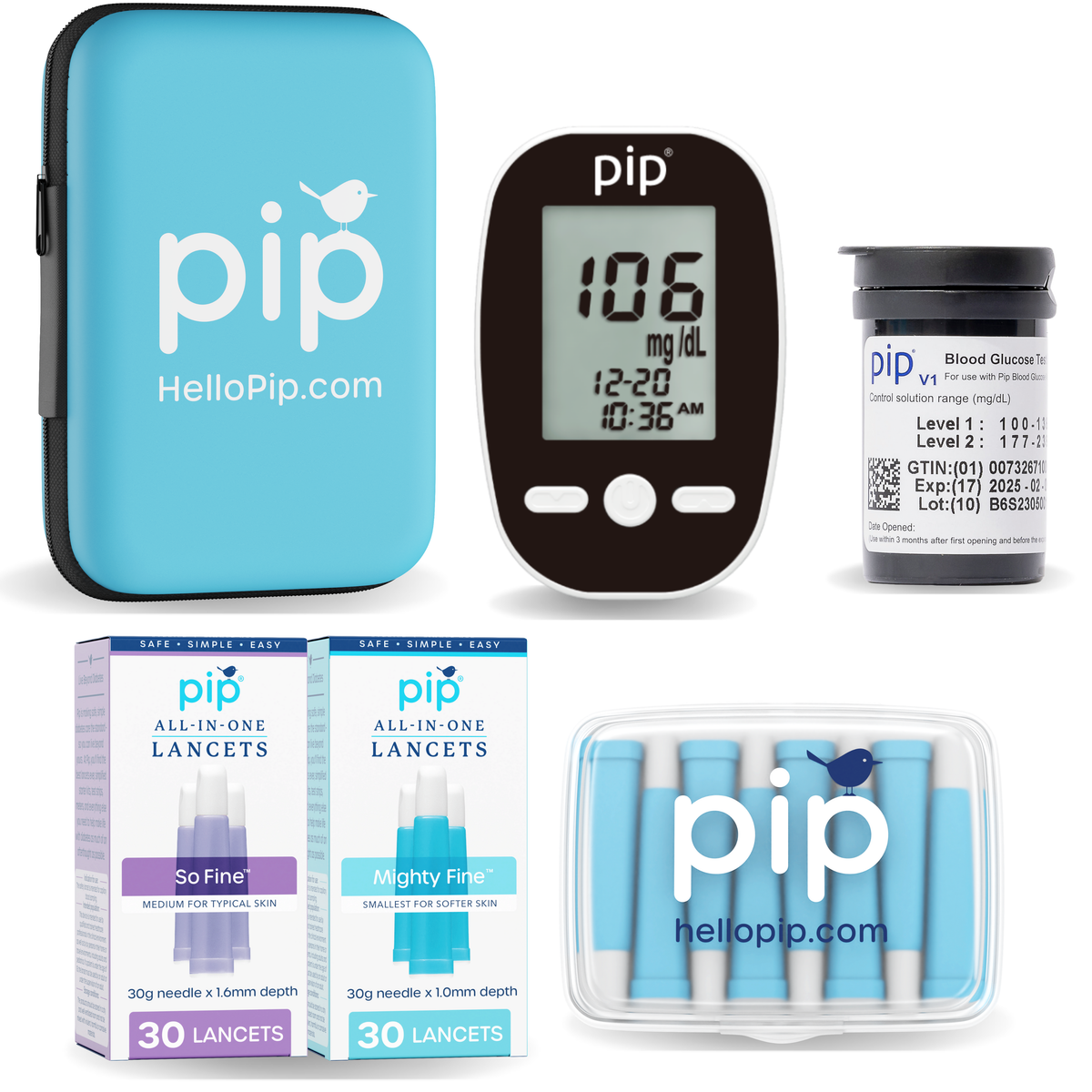 Pip Diabetes Starter Kit with meter, test strips, and lancets